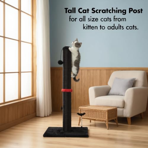 Cat Scratching Post Premium Sisal Scratch Posts with Hanging Ball Vertical Scratcher for Indoor Cats and Kittens (34 inches for Adult Cats / Black)