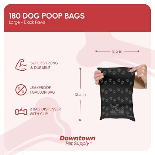 Poop Bags for Dogs with Dispenser (180 Count (Pack of 1) / Black with Paw Prints)