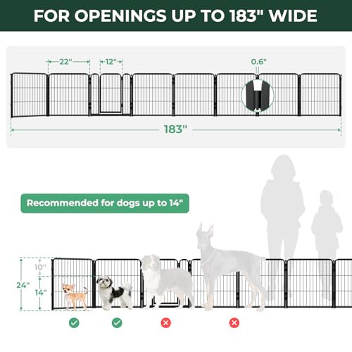 Dog Gate Extra Wide Adjustable for Openings Up to 183" (Black / Up to 183" W【7 Panels + 1 Door】 / 24"H)