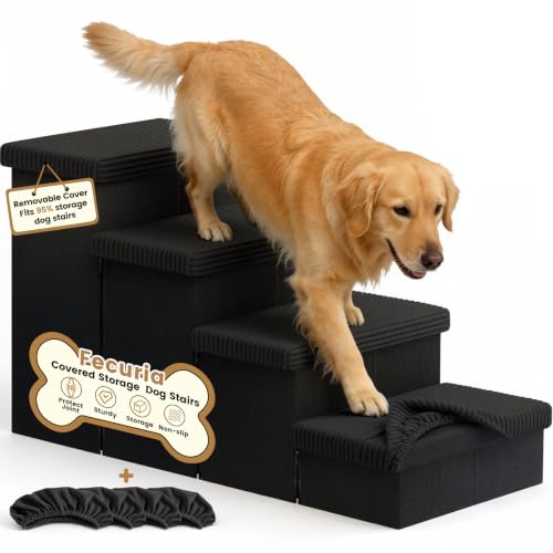 4 Step Wide Dog Stairs 23" H with Removable Cover (Covered Black / 40"D x 17"W x 23"H)