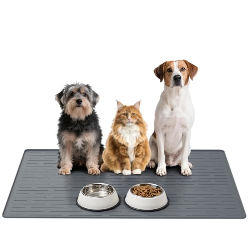 Large Dog Mats for Food and Water (Gray / 40"L x 30"W)