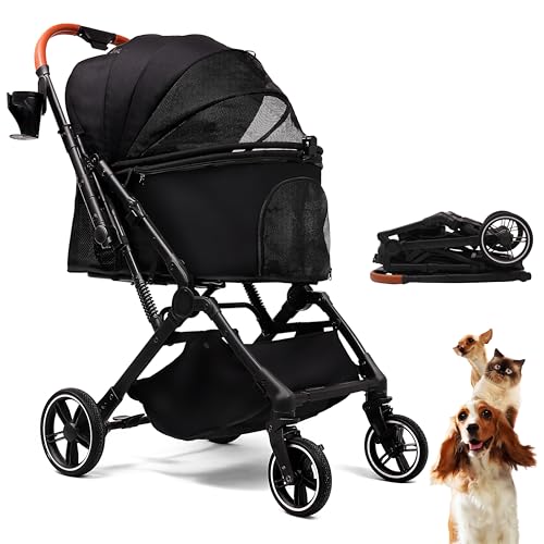 Foldable Dog Stroller for Small Medium Dogs & Cats (Black)