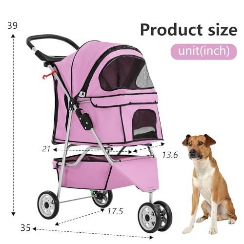 3 Wheel Foldable Pet Stroller (Peach Pink / 3 Wheels)