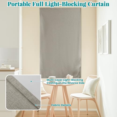 100% Blackout Magic Tape Stick On Curtains Window Shades Pull Down Blackout Window Cover No Drillng Self Adhesive Curtains No Rod Small Windows (35"W x 60"L (Pack of 1) / Light Brown)