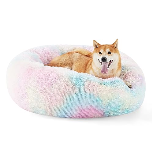 Calming Dog Bed Medium Size Dog Donut Washable Pet Bed (30"L x 30"W x 8"Th / Multi Color)