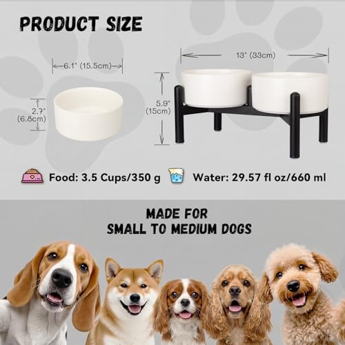 Raised Ceramic Dog Bowl Set with Stand (White / 2 Bowls - 3.5 Cups Each)