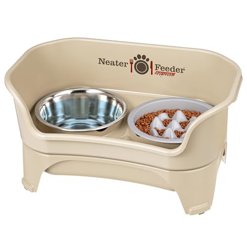 Express Mess Proof Dog Bowls Elevated for Medium and Large Breed (Medium to Large w/ 9 Peak Slow Feed Bowl / Almond)