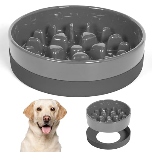 Ceramic Slow Feeder Dog Bowls for Medium Large Breed (Large-9.5 inches / Grey)