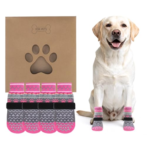 Dog Socks to Prevent Licking Paws for Hardwood Floors Anti Slip (Pink Ornamentation / Small/Medium (4 Pack))