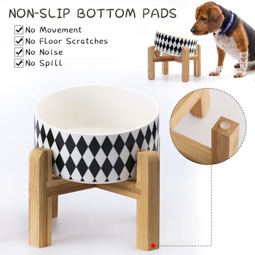 Elevated Raised 15°Slanted Ceramic Dog Bowl for Small and Medium Breeds (Black Rhombus / 3.6 CUPS - Medium Dog Bowls)