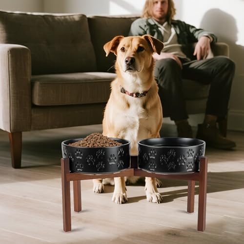 Ceramic Elevated Dog Bowl Set with Acacia Wood Stand for Food and Water for Large Dogs (60.87 Oz / Black with Dog Paw Pattern)