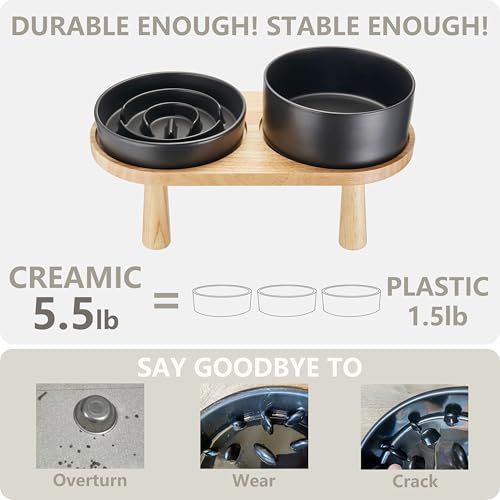Ceramic Slow Feeder and Water Bowl Set for Small Dogs (Black / 6" D)