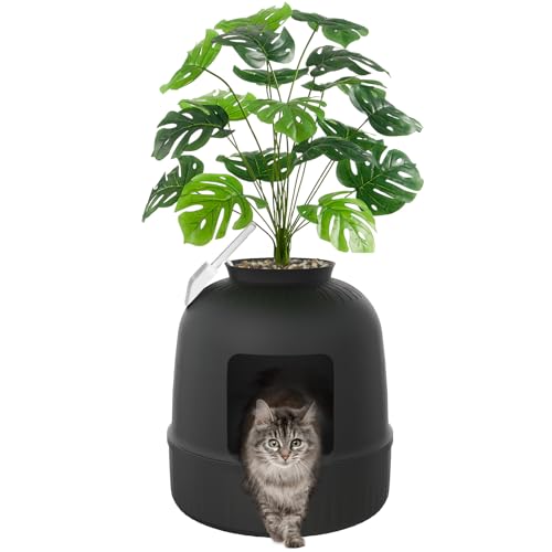Hidden Plant Cat Litter Box with Plastic Scoop (Black)