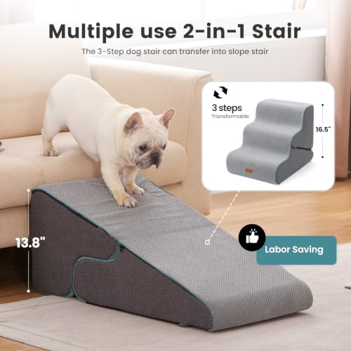 Dog Stairs for Small Dogs 16.5" H (Grey / Updated 2 in 1 15.7"x26.7"x16.5")
