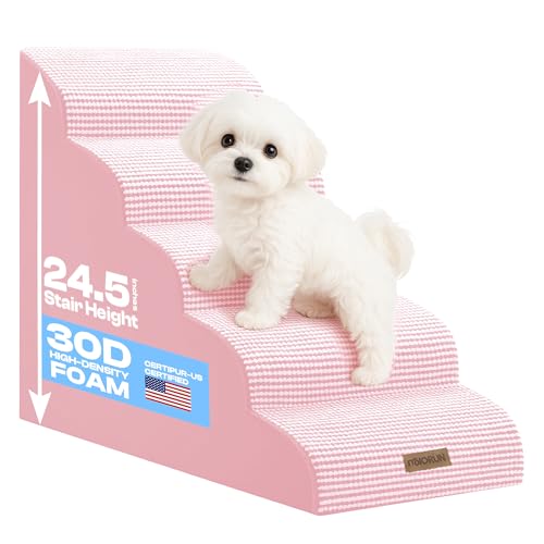 Dog Stairs for High Beds (White-pink / Stairs 24.5"H)