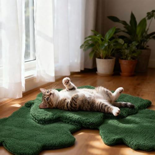 3 Pack Self Warming Pet Bed Leaf Shape Self Heating Cat Dog Mat Washable Thermal Sleeping Pad for Indoor Outdoor Hedgehog (Dark Green / Medium-18"x24")