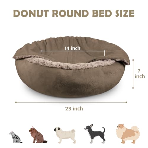 Small Dog Bed Cat Bed with Hooded Blanket (S(23" x 23" x 7") / Dark Brown)