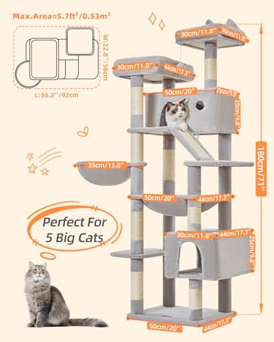 Cat Tree 71 in Extra Large Cat Tower for Inddor Cats (Light Gray / 71 Inches)