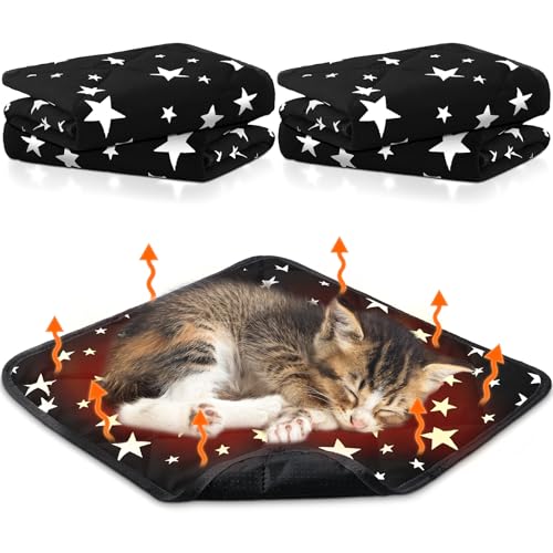 4 Pack Self Warming Cat Bed Self Heating Cat Mat Star Pattern Soft Dog Crate Pad Thermal Pet Mat Anti Slip Kennel Dog Washable Warming Bed for Outdoor Indoor (12 x 12 Inch / Black)