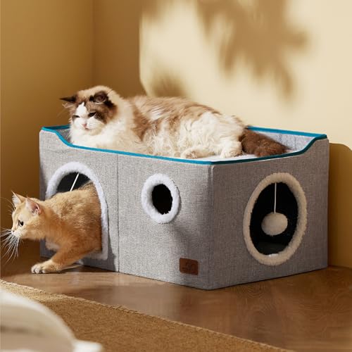 Extra Wide Cat House Bed with Fluffy Ball and Scratch Pad (Grey / Widen)