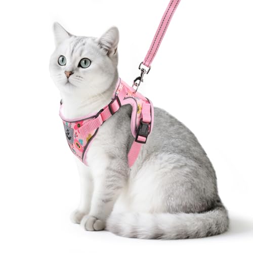 Cat Harness and Leash Set Escape Proof Reflective Cat Walking Harness Adjustable Soft Breathable Mesh Vest for Small Pets (S (NECK 9.5"-11", CHEST 13"-16") / Pink Flowers)