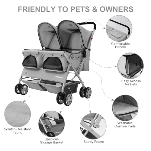 Double Pet Stroller for 2 Small Dogs & Cats (Gray)
