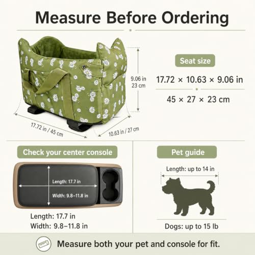 Center Console Dog Car Seat Safe Travel for Small Dogs Under 15 lbs (Light Green)