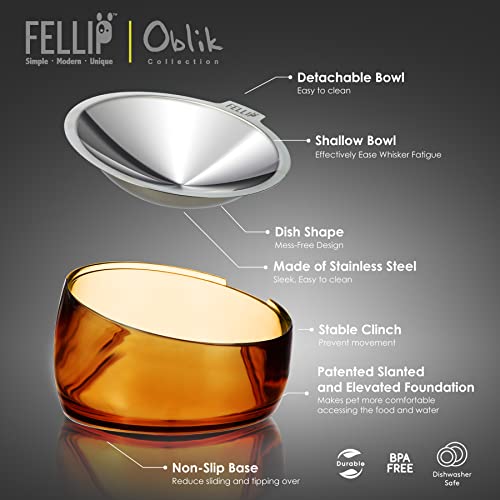 Pet Oblik Whisker Fatigue Cat Food Bowl Raised Stainless Steel Shallow Dish (Gold / 0.5 Cups Shallow Dish)