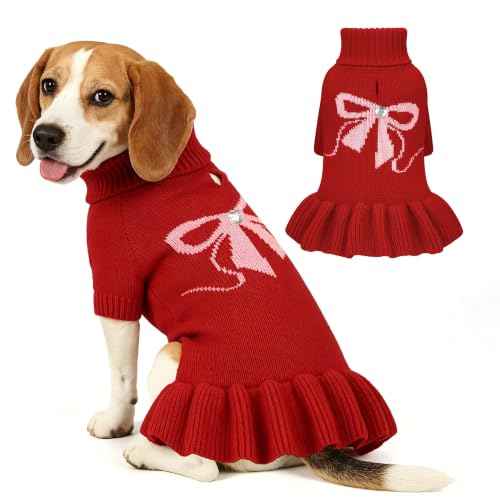 Bowknot Dog Sweater Dress for Small Dogs Girl (X-Large (21-28lbs) / Red)