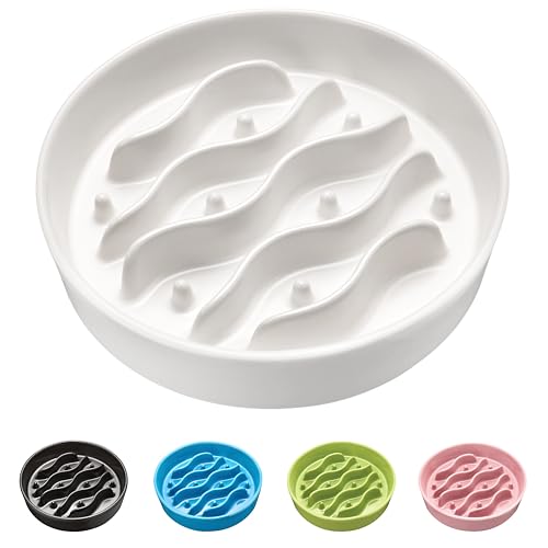 Ceramic Slow Feeder Dog Bowls for Medium and Large Dogs (White / 8 Inches)