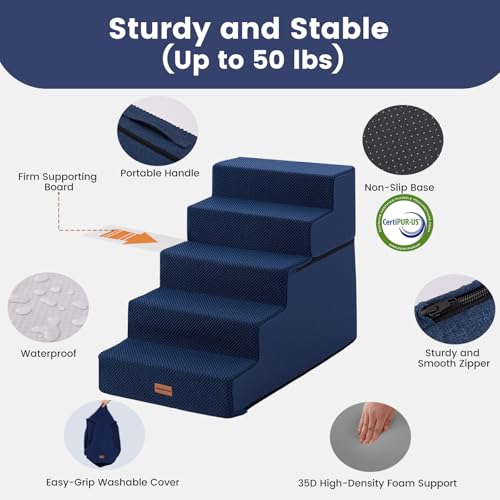 Dog Stairs for Small Dogs 22.8" H (Navy / 18"x29"x22.5"Extra Wide)