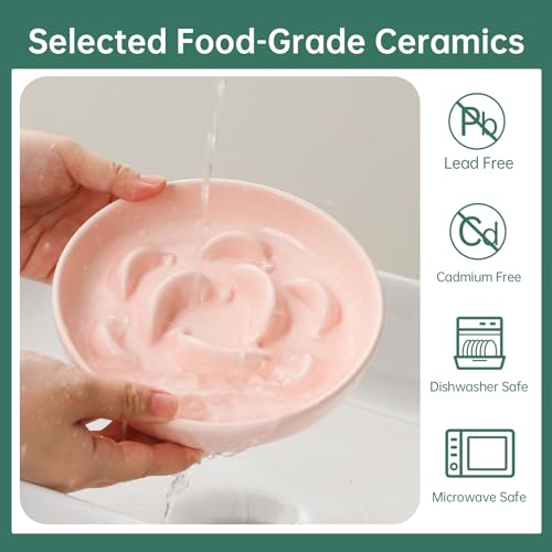 2 Pack Ceramic Cat Slow Feeder Bowl Set (White and Pink)