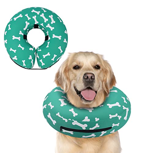 Inflatable Dog Cone Collar Alternative After Surgery (T Bone Green / L(Neck 12"-16"))