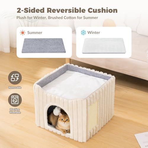 3-in-1 Cat Cave Bed for Indoor Cats with Scratch Pad (Cream)