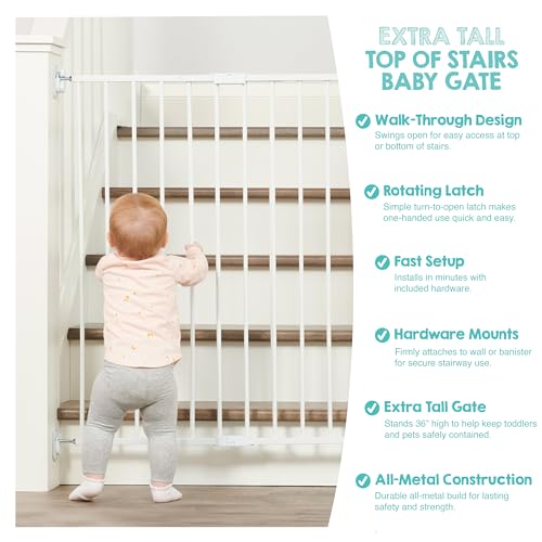 Safety 36" Extra Tall Baby Gate for Top of Stairs & Dooways (White / 24-40.5"W x 36"H)