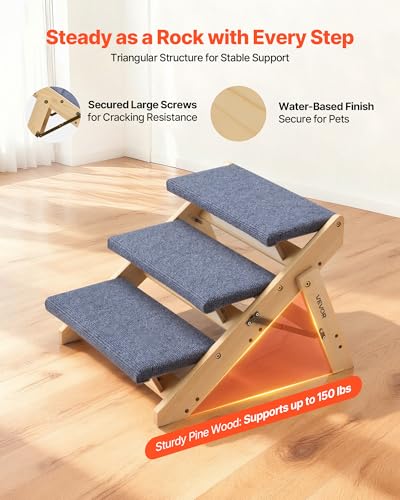 Wood Pet Stairs (Wood Color+Blue / 3-Step Foldable)
