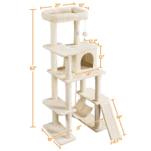 63in Sturdy Large Cat Tree for Indoor Heavy Cats (Beige / 63in)