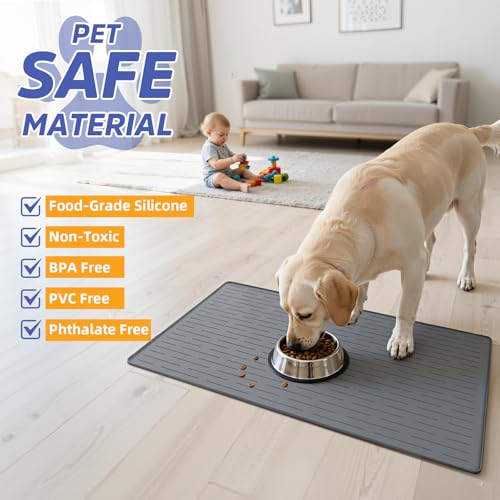 Large Dog Mats for Food and Water (Gray / 40"L x 30"W)