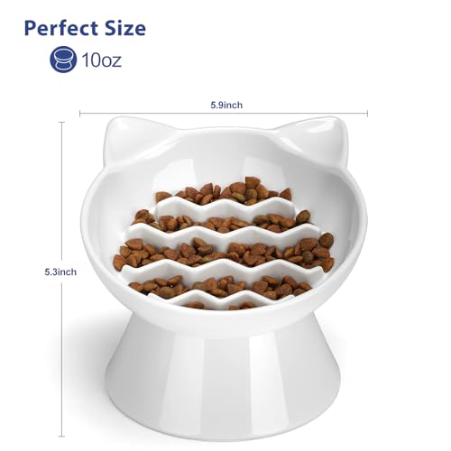 Ceramic Slow Feeder Cat Bowl (White-Cute kitten / 2 Cups)