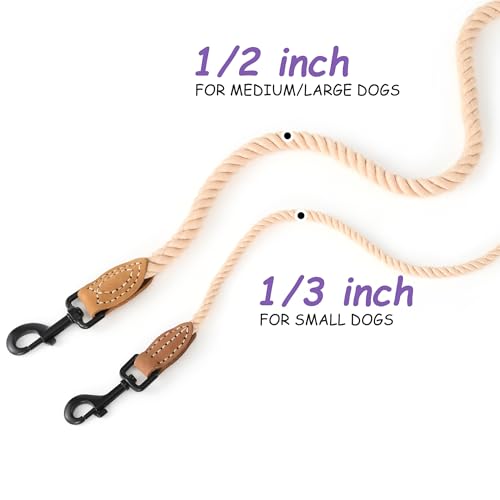 Dog Leash Braided Cotton Rope with Leather (Light Brown / 48 Inch-1/3")