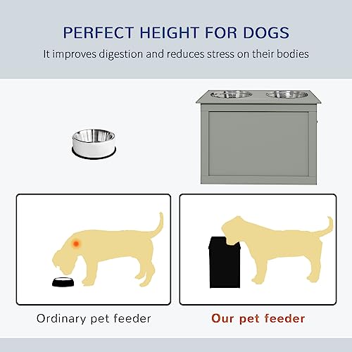 Raised Pet Feeding Storage Station with 2 Stainless Steel Bowls Base for Large Dogs and Other Large Pets (Gray)