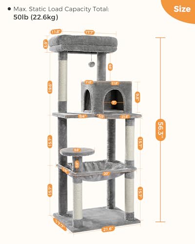 56.3" Cat Tree with Metal Hammock (Grey / 56.3in)