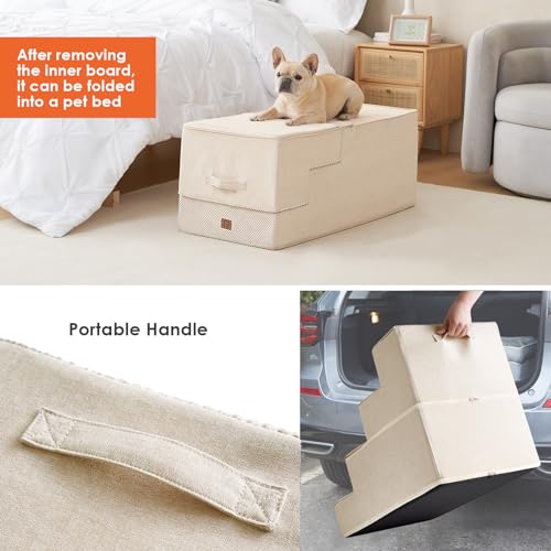 Dog Stairs for High Bed 25" H (Beige / Extra Wide 17.7" x 35" x 25")