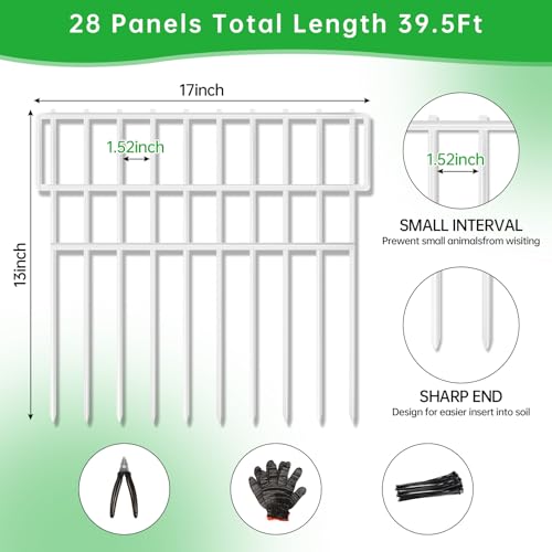 39.5ft(L) X 13in(H) Animal Barrier Fence, 28 Panels No Dig Fence for Dogs, 1.52IN Gap Anti Digging Dog Barrier, Rustproof Metal Garden Edging Border Defense for Outdoor, Yard, Lawn, White (28 Panels, 39.5FT x 13IN / White)