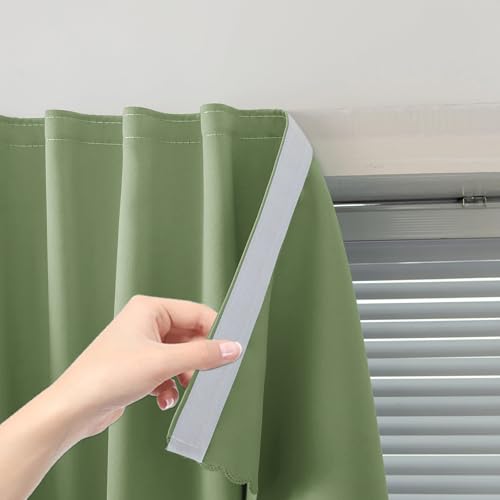 Magic Tape Blackout Curtains for Bedroom No Drillng Self Adhesive Curtains No Rod Small Window (35"W x 79"L (Pack of 1) / Sage Green)