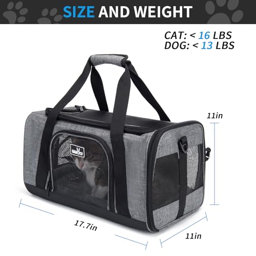 Cat Carrier Soft for Medium or Large Cats for Car Travel Camping (17.7"L x 11.0"W x 11.0"H / 1.0 Grey)
