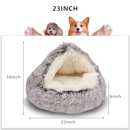 Cat Bed Round Plush Fluffy Hooded Cat Bed Cave (23.0"L x 23.0"W x 6.0"Th / coffee)