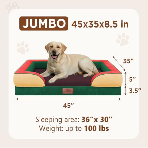 Orthopedic Dog Bed for Extra Large Dogs with Bolster (45.0"L x 35.0"W x 8.5"Th / Watermelon Meadow)