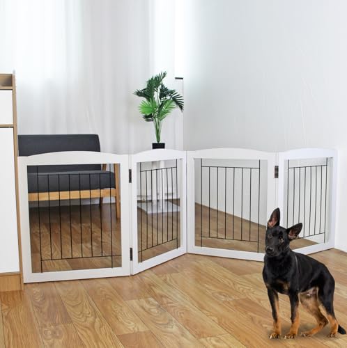 Freestanding Foldable Dog Gate for House Extra Wide Wooden White Indoor Puppy Gate Stairs Dog Gates Doorways Tall Pet Gate 4 Panels Fence (White / 【4 Panels】80''w x 24''h)