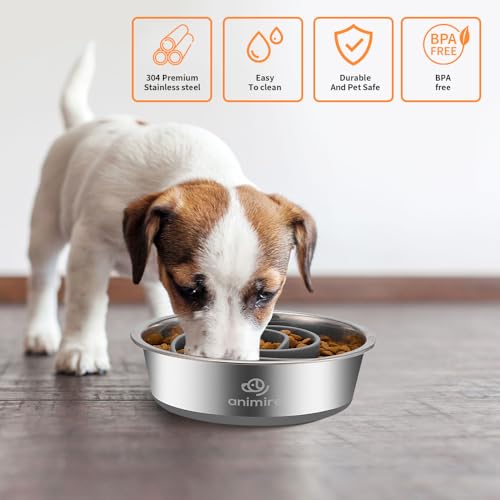 2-in-1 Metal Dog Bowl with Slow Feeder Insert, Stainless Steel Dog Bowls Food Grade 304, Water Food Bowl with Anti-Slip Silicone Base for Small, Medium, Large Breed Dogs (1 Cup / Grey)